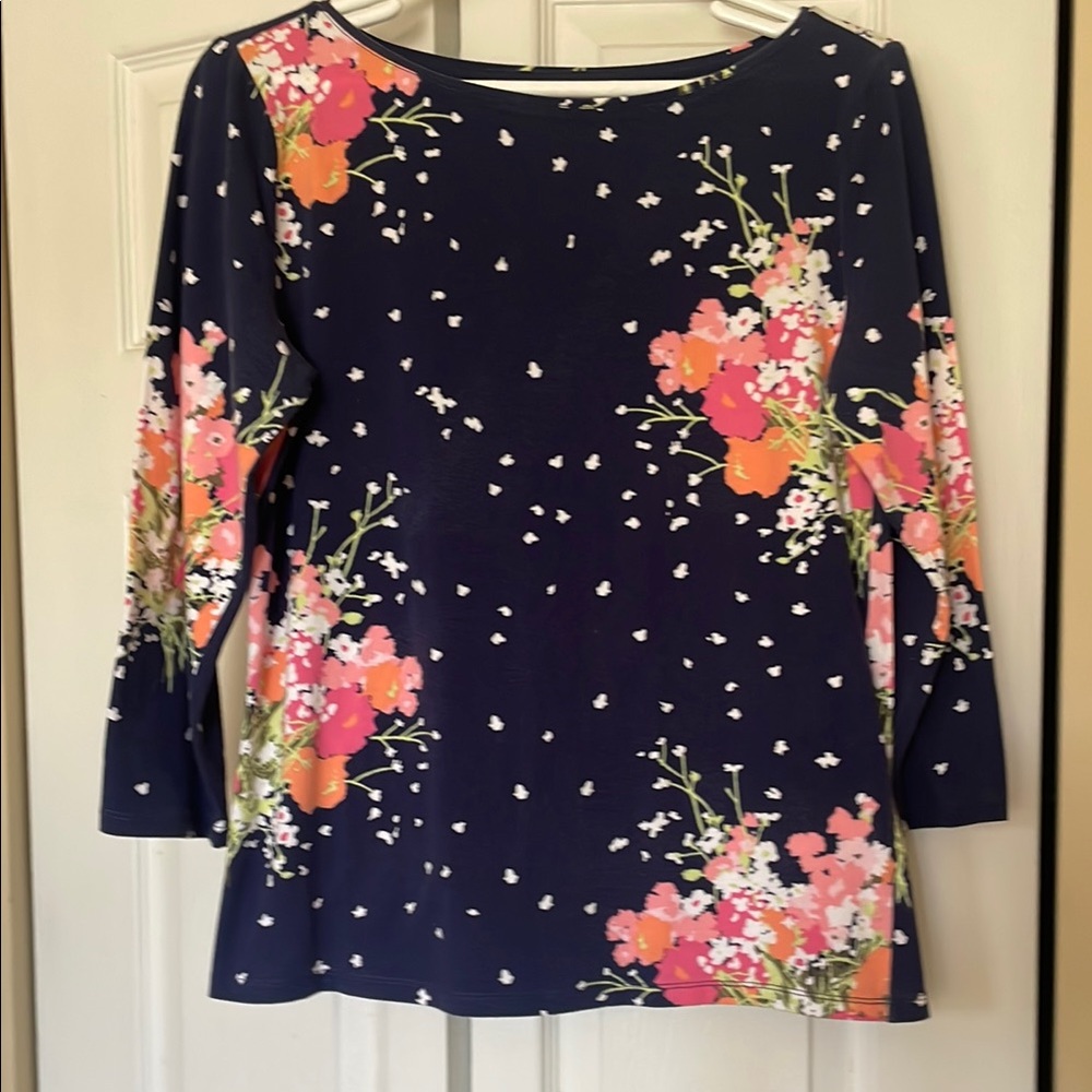 Floral Navy Blouse with Pink and Orange Accents. Size M. Pullover top.